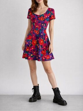 Vintage Paris Blues Multicolor Floral Mini Dress Whimsigoth Grunge 90 Y2K Skater